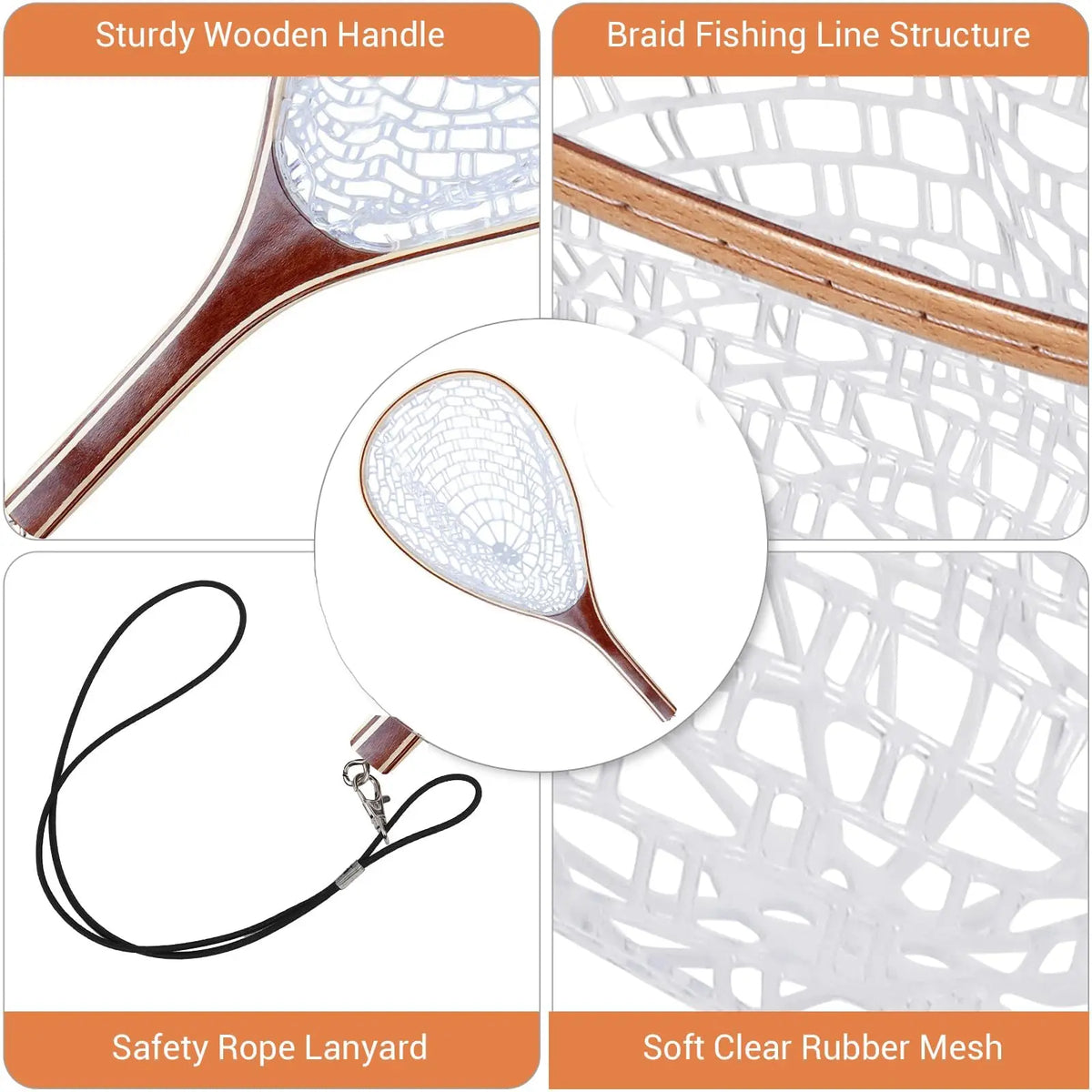 Wooden Frame Fly Fishing Landing Net With Rubber Mesh