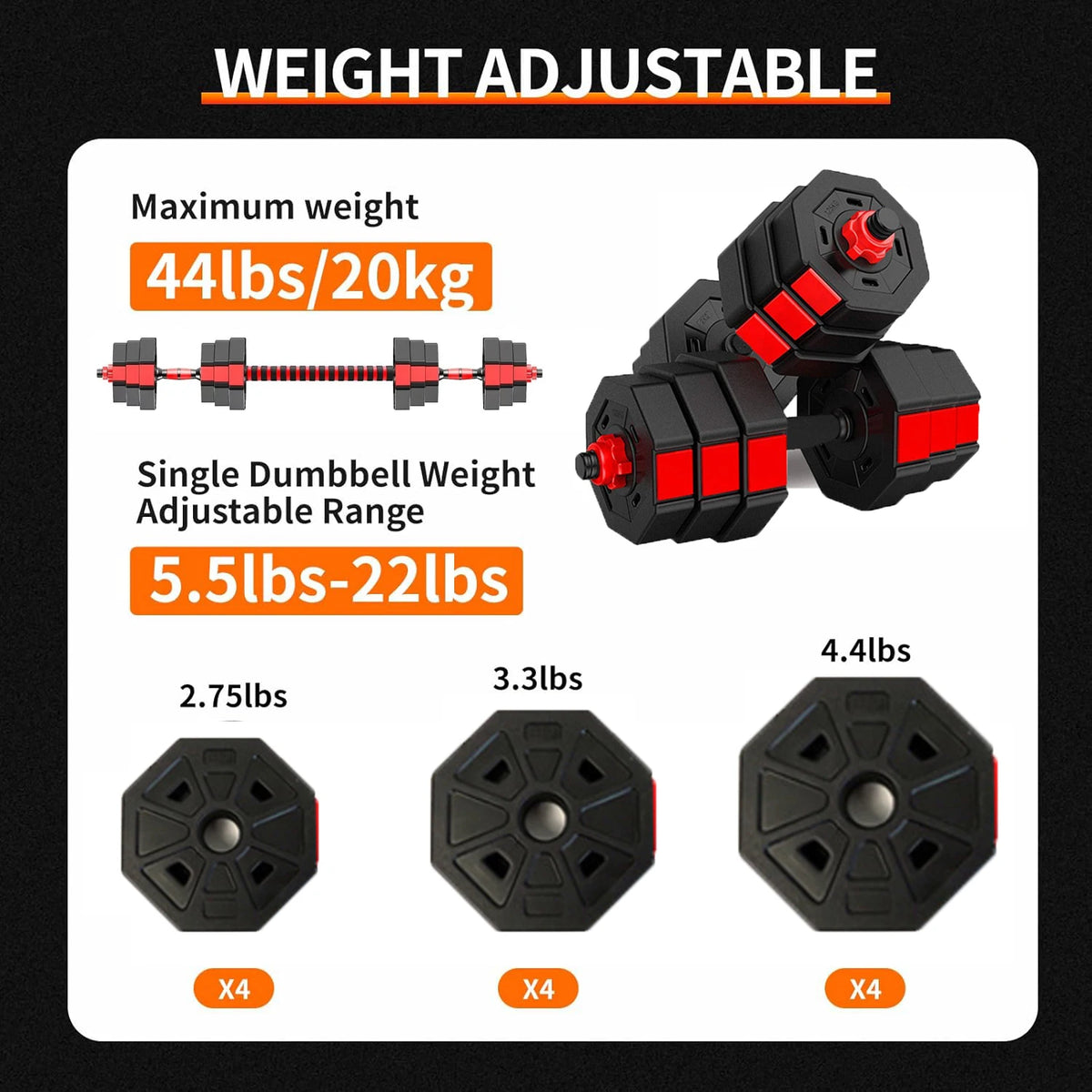 Adjustable Dumbbell To Barbell Fitness Set 44lbs