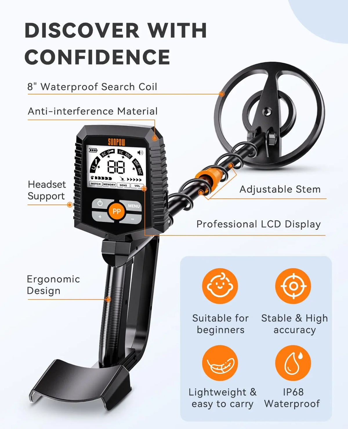 Sunpow Waterproof Metal Detector With LCD Display