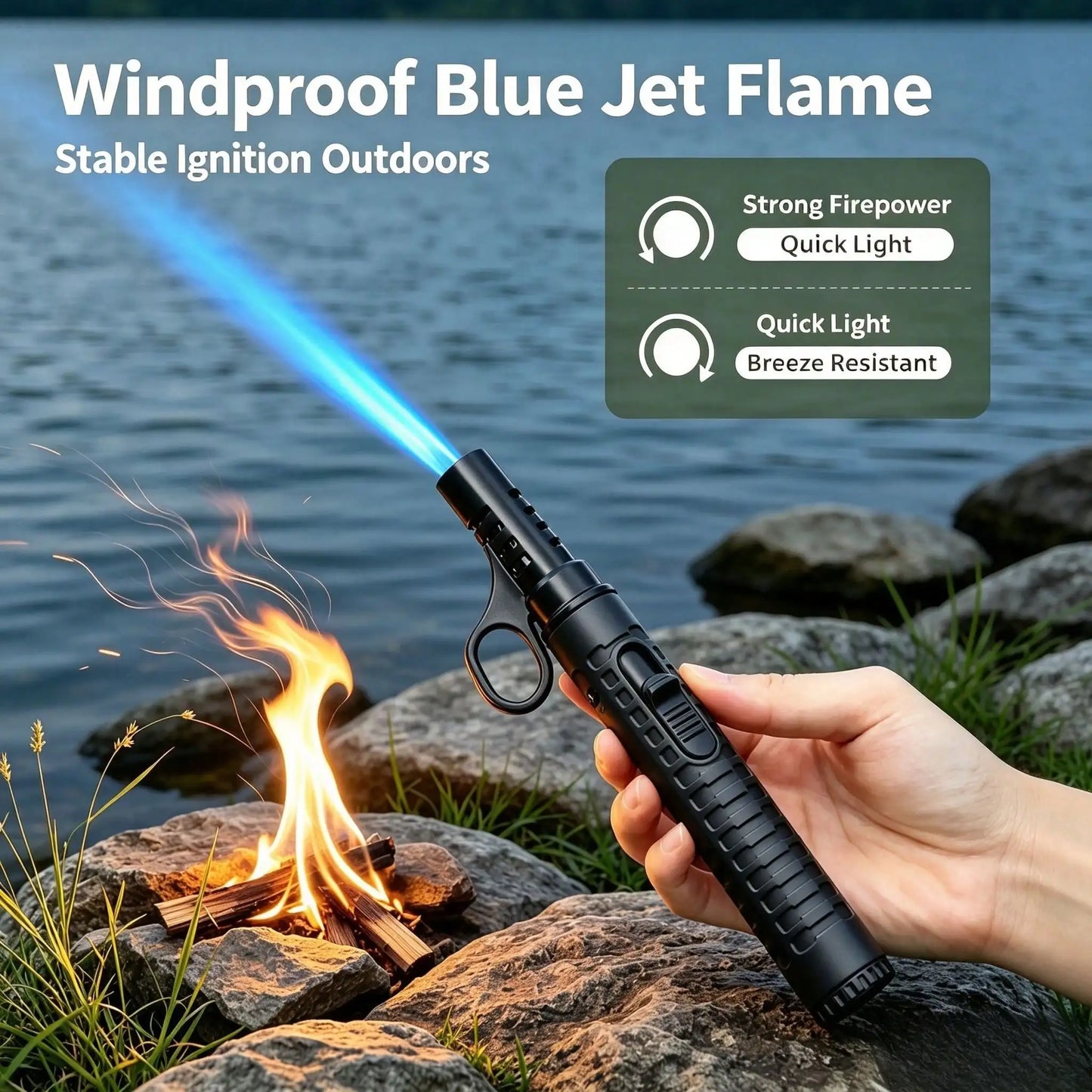 Matte Black Tactical Outdoor Survival Fire Starter, Adjustable Flame Refillable Butane Gadget, Pocket Backpack Friendly Camping Accessory Set Perfect Gift For Outdoor Enthusiasts,Windproof Lighter Gift Lighter