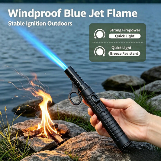 Matte Black Tactical Outdoor Survival Fire Starter, Adjustable Flame Refillable Butane Gadget, Pocket Backpack Friendly Camping Accessory Set Perfect Gift For Outdoor Enthusiasts,Windproof Lighter Gift Lighter