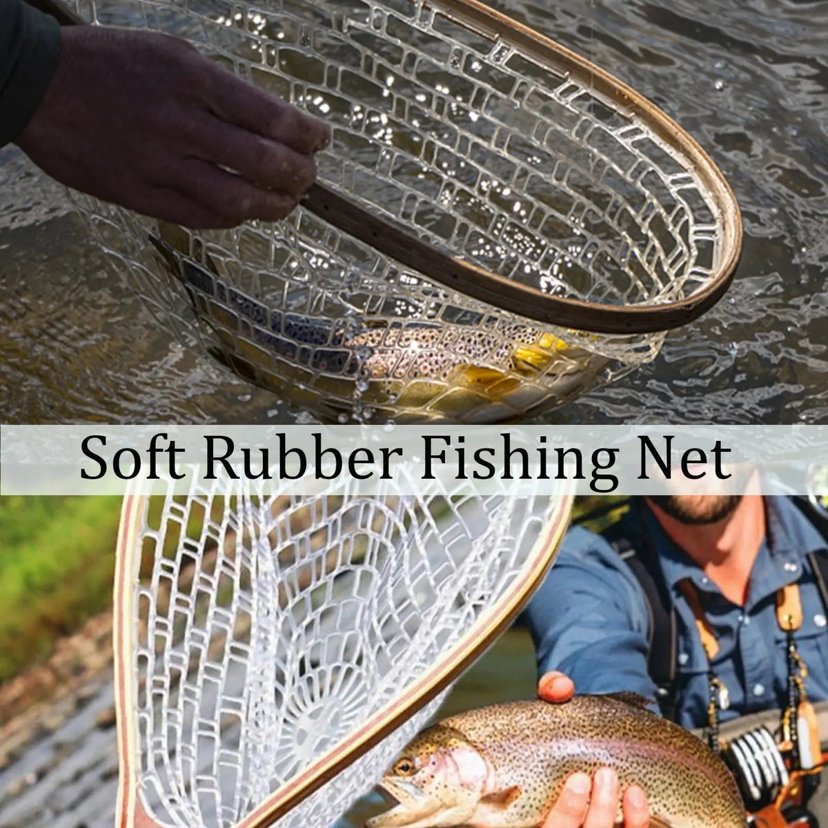 Wooden Frame Fly Fishing Landing Net With Rubber Mesh
