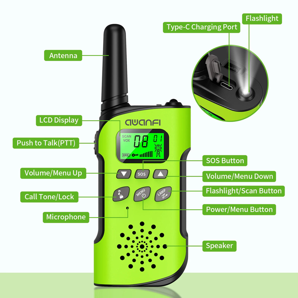 AWANFI Walkie Talkies 4 Pack Rechargeable Long Range Kids