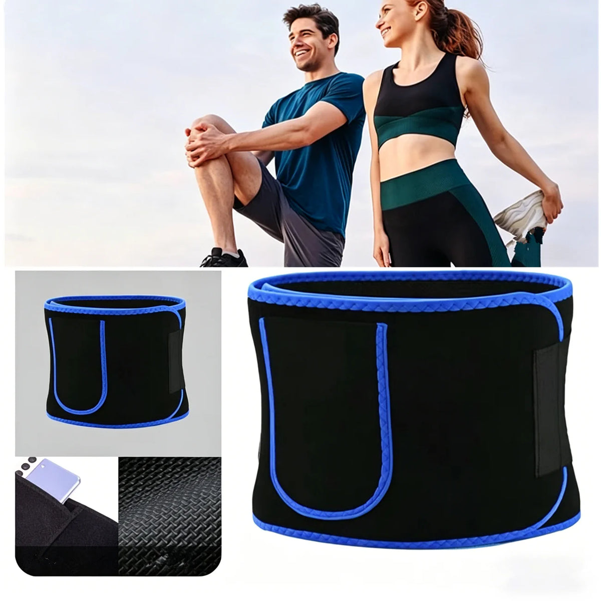 Waist Trimmer Belt Sport Workout Shaper Burner Slimming Belt W/ Phone Pocket Blue-Black