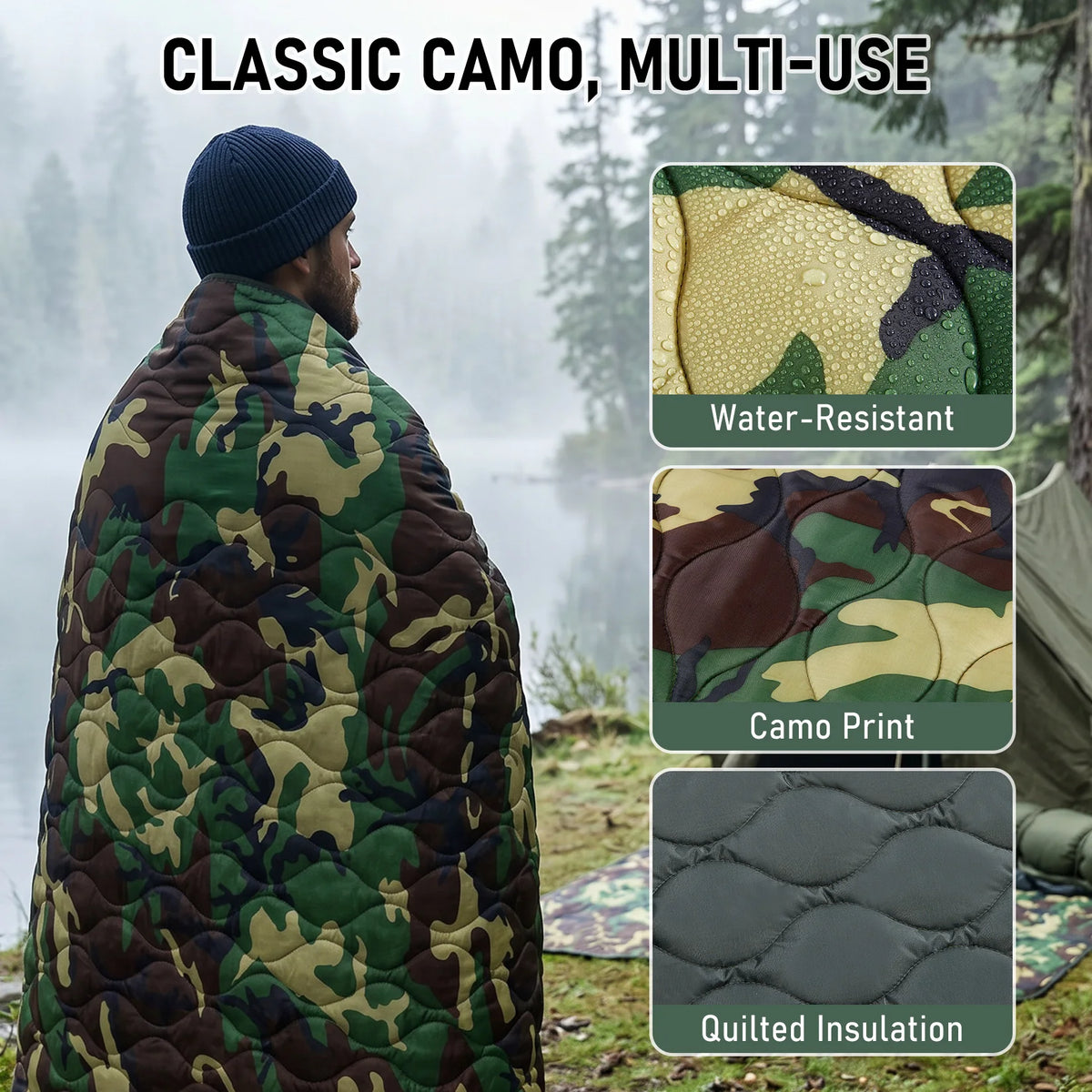 Lightweight Quilted Camping Blanket And Poncho Liner