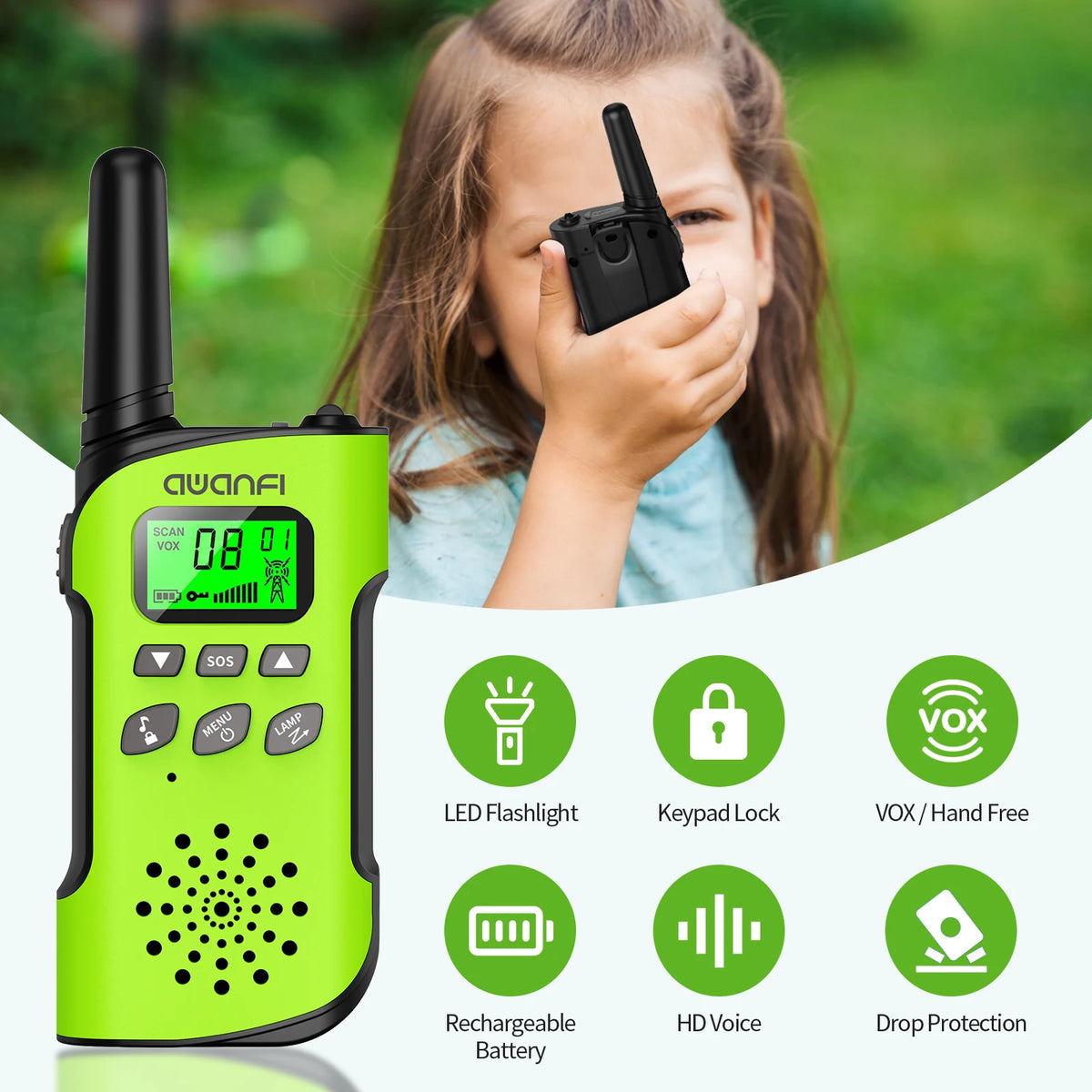 AWANFI Walkie Talkies 4 Pack Rechargeable Long Range Kids