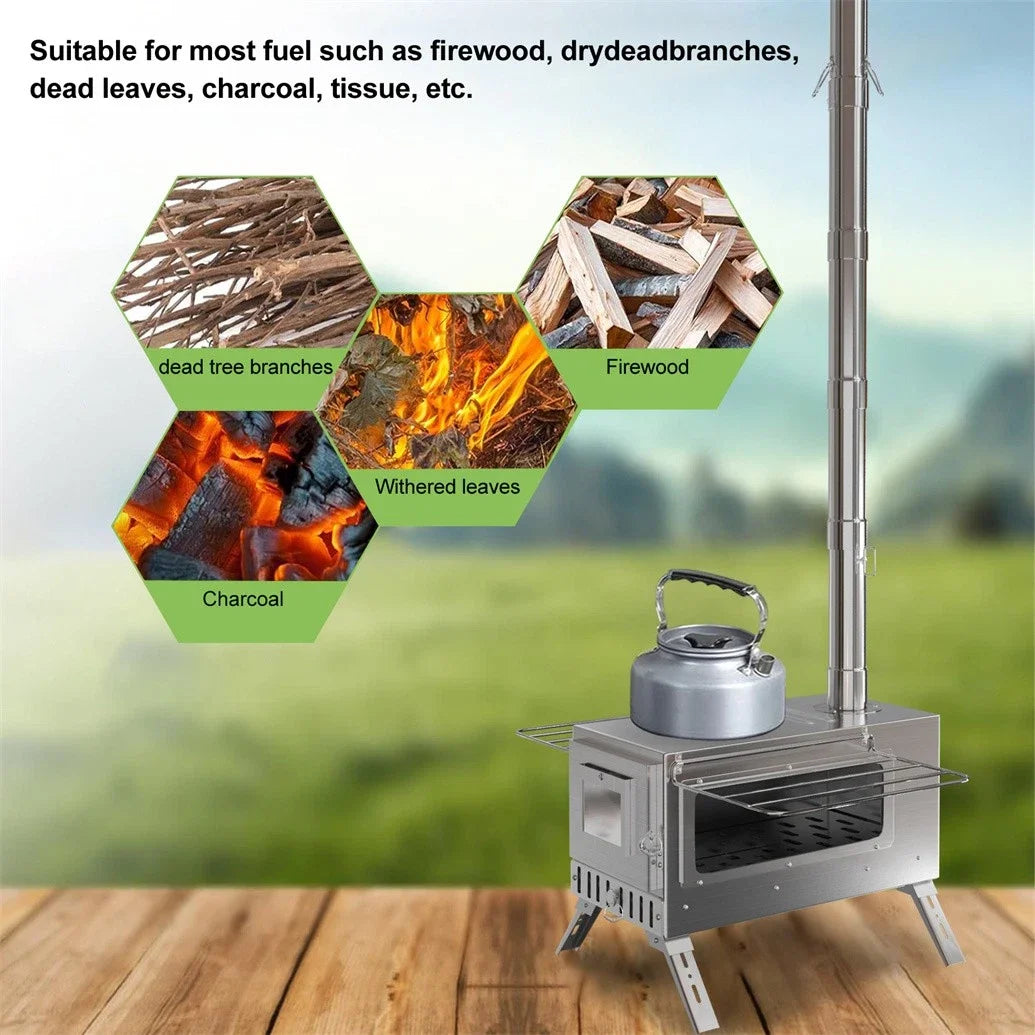 Portable Wood Stove With 6 Stainless Chimney Pipes Outdoor