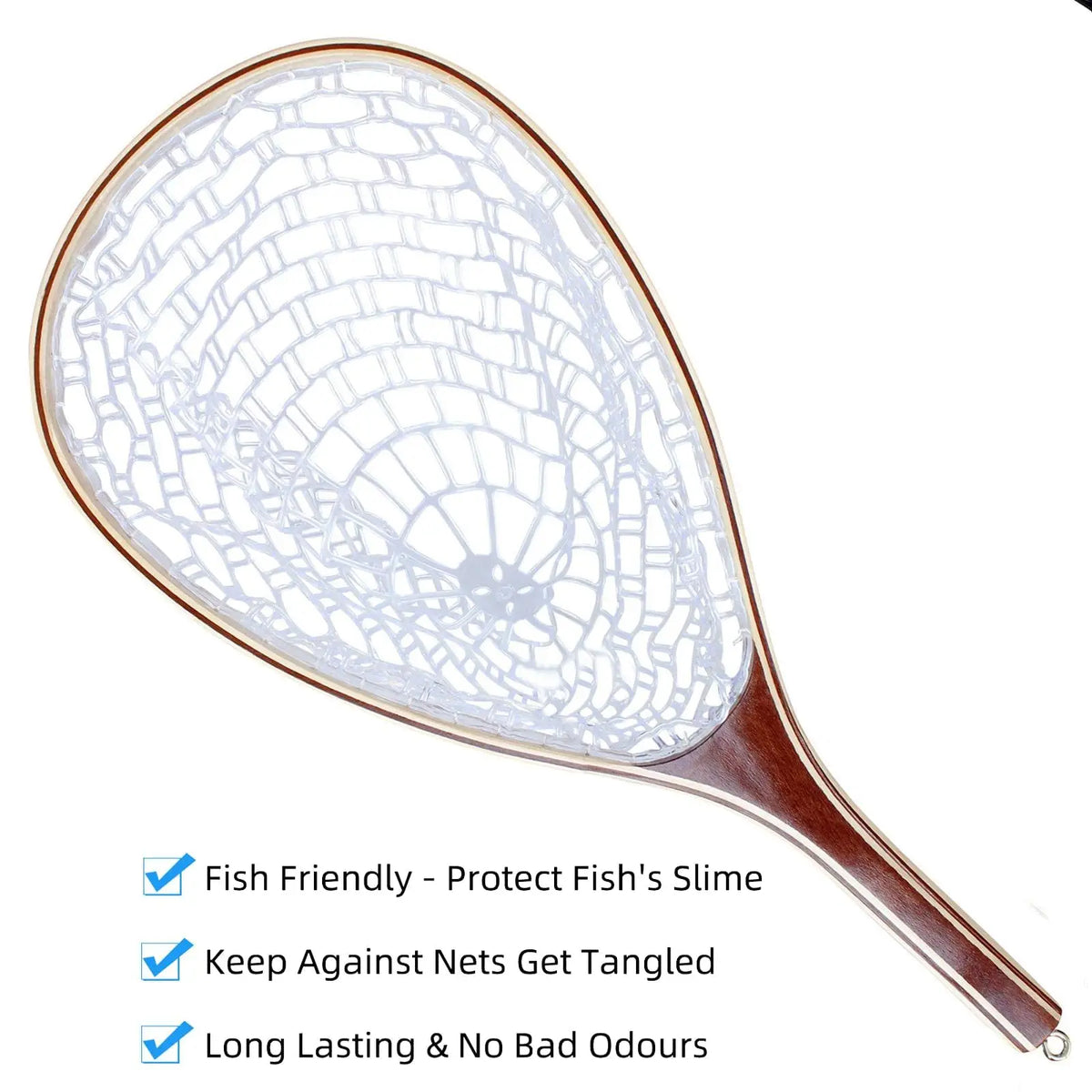 Wooden Frame Fly Fishing Landing Net With Rubber Mesh