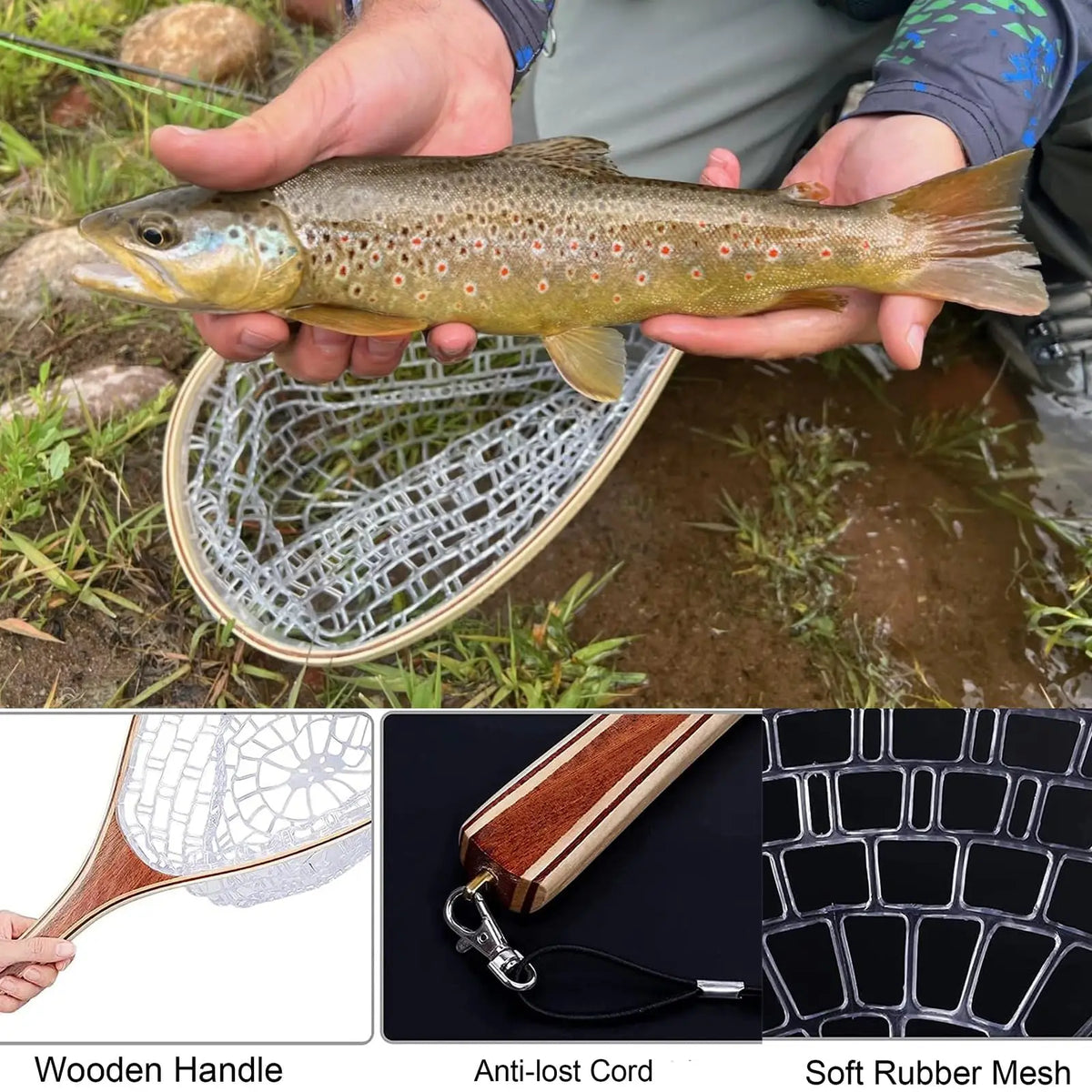 Wooden Frame Fly Fishing Landing Net With Rubber Mesh
