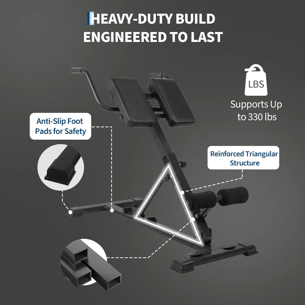 Roman Chair Hyperextension Bench For Home Gym, 330 lb Capacity Adjustable Back Extension Machine For Glutes Abs Core Hamstrings
