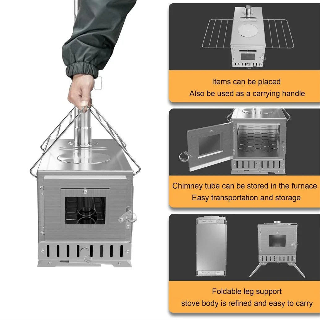 Portable Wood Stove With 6 Stainless Chimney Pipes Outdoor