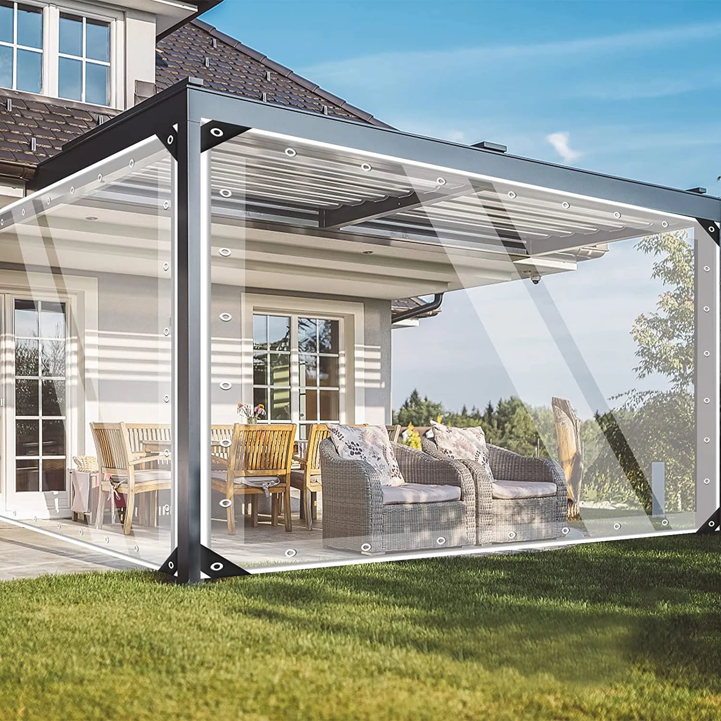 Waterproof Transparent PVC Tarpaulin with Eyelets Weatherproof Durable Canopies Foldable 0.3mm Rain Cover for Garden Furniture
